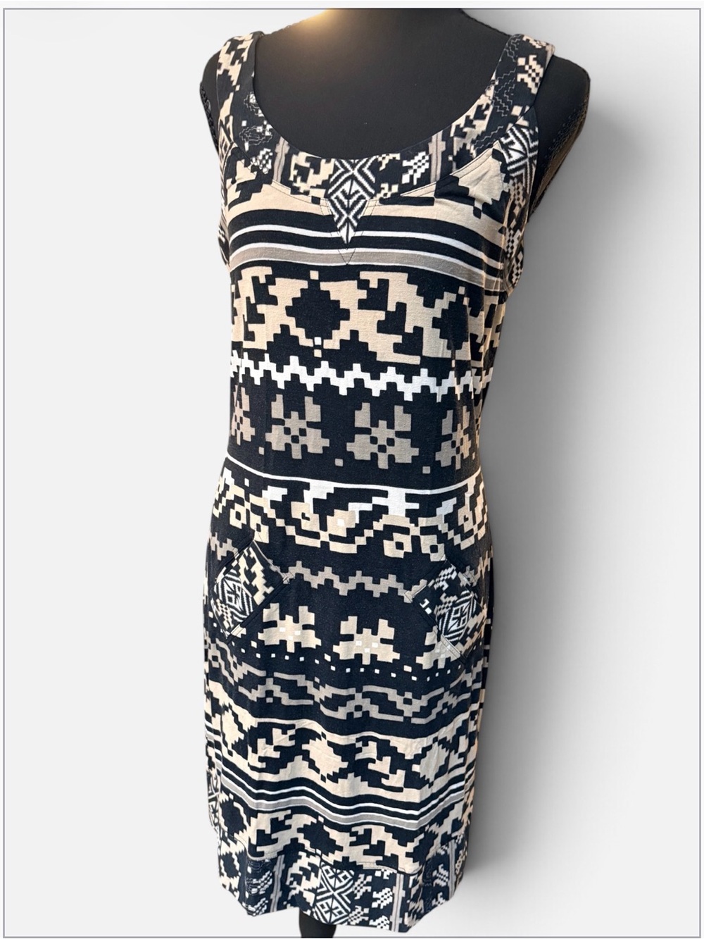 Vintage Caché Y2K Boho Aztec Southwestern Black & Cream Mini Dress Size L